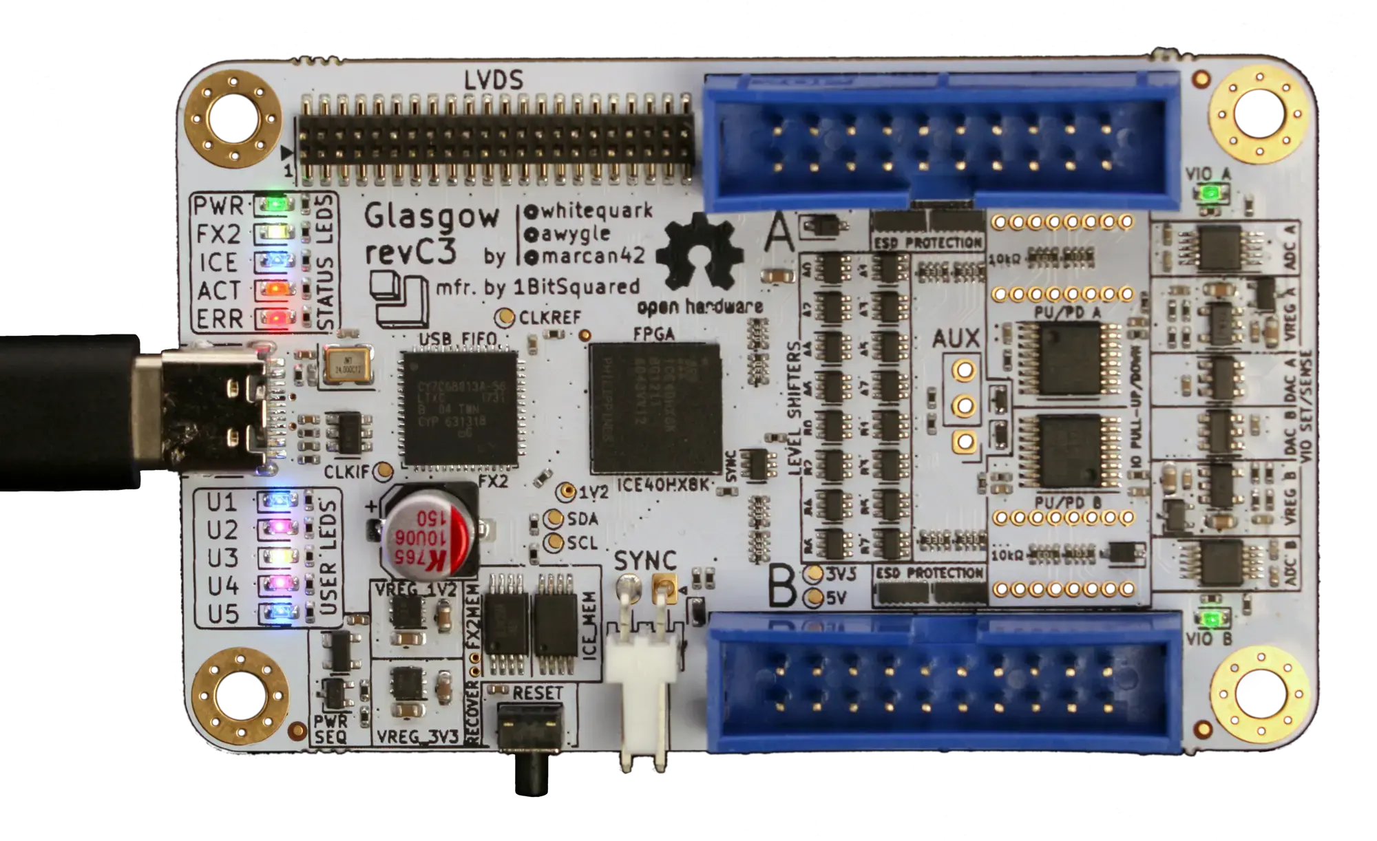 Bare Glasgow Interface Explorer PCB assembly